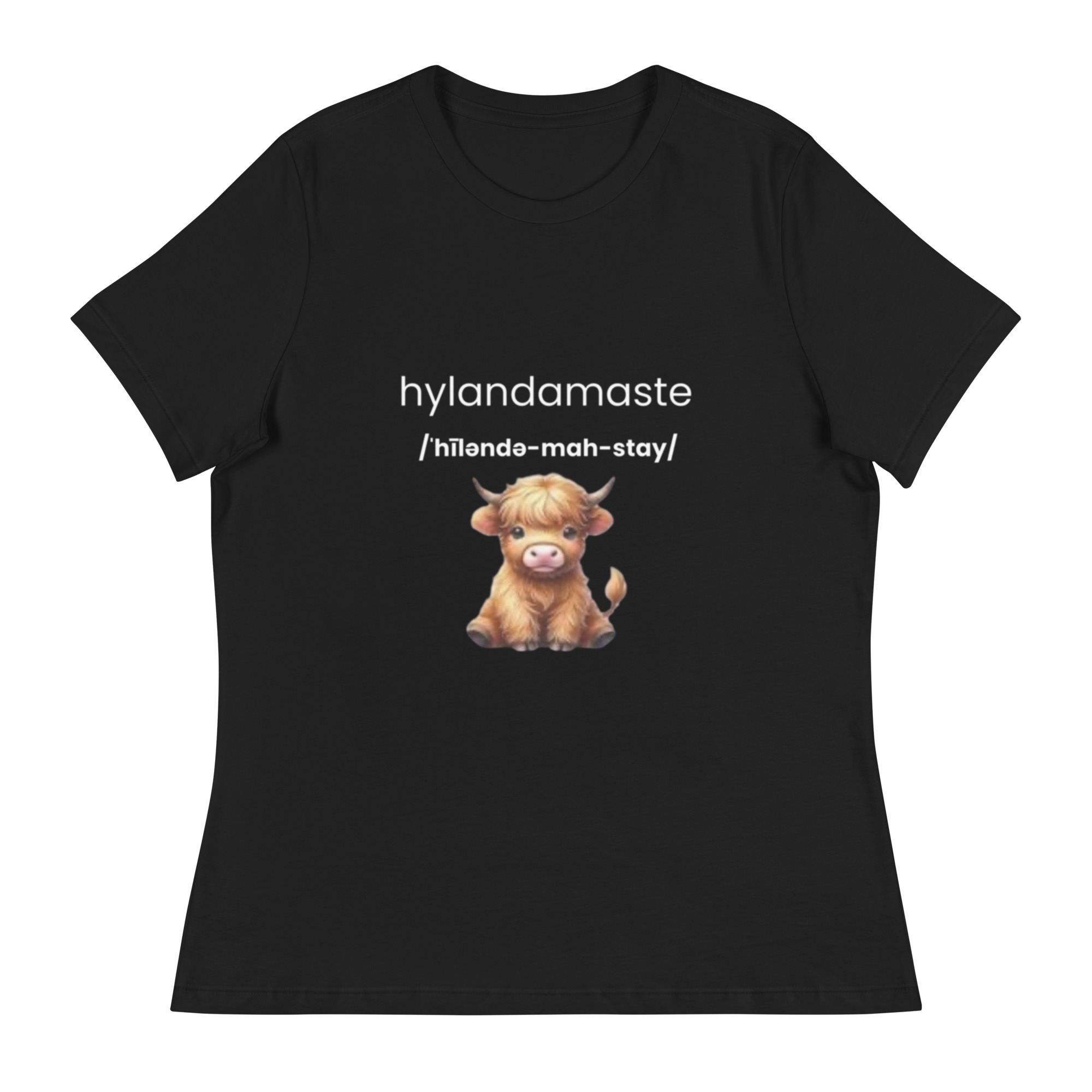 Hyland Cow, Yoga Inspired Namaste - Women's Relaxed T-Shirt - Image 2