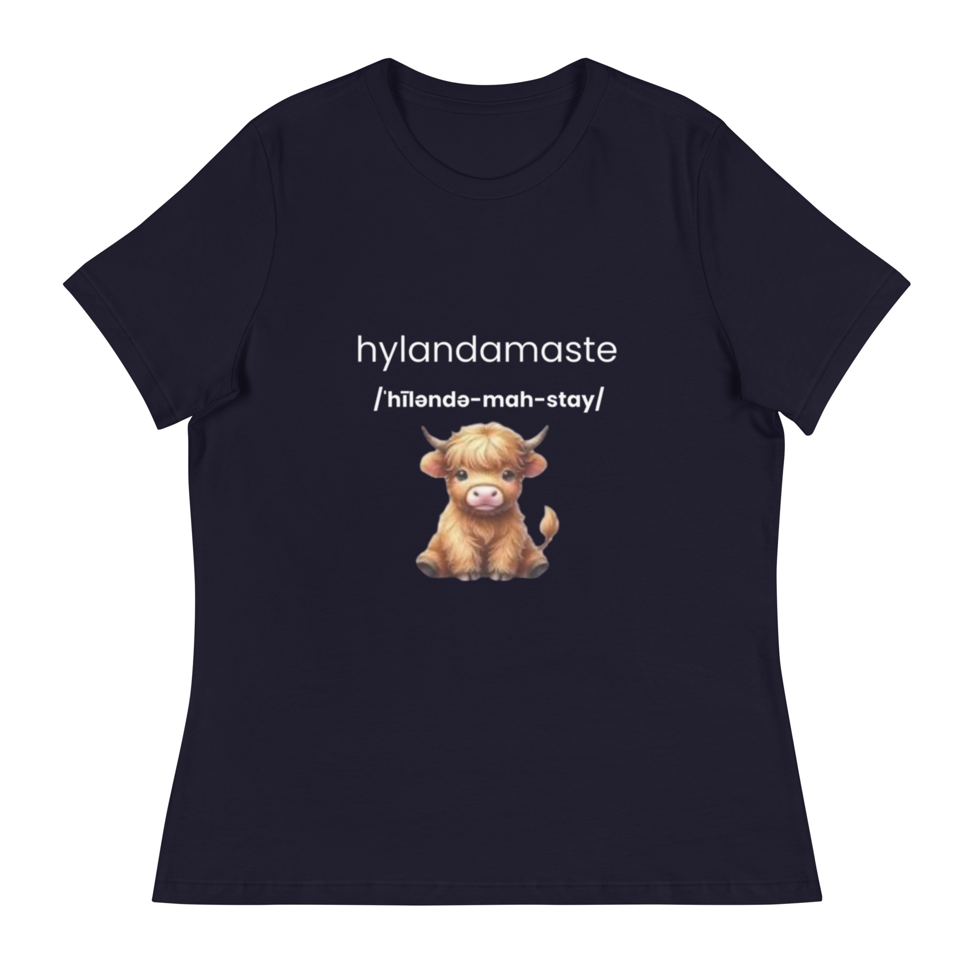 Hyland Cow, Yoga Inspired Namaste - Women's Relaxed T-Shirt